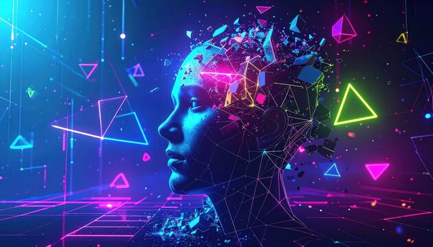 Artificial intelligence concept with a digital head shattering into neon shapes