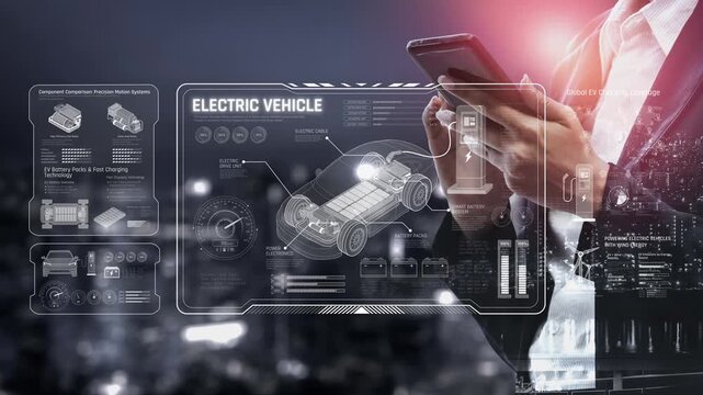 Technical layout of electric vehicle showing battery system, power control, traction motor, charging interface, and integration with renewable and smart energy sources Marrow