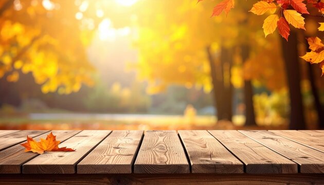 Autumnal bokeh scene, wooden tabletop, fallen leaf detail