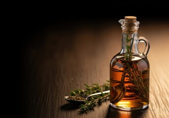 Artisanal herbal infused oil in elegant glass bottle adds rustic charm to culinary projects and kitchen designs