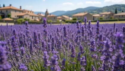 Fototapeta premium A field of vibrant purple lavender flowers sways gently in the warm sunlight