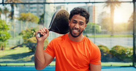 Padel, smile and fitness with portrait of man on court for sports athlete, contest and tournament club. Training, competition and tennis player or person on outdoor turf for exercise, game and match
