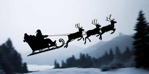 minimalist santa claus sleigh illustration with city lights overlay