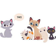 Group of cute cartoon cats with different fur colors and patterns interacting with a gray cat speaking the word They in a light beige speech bubble on a transparent background