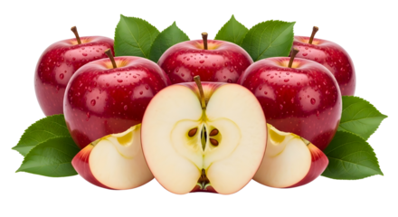 Fresh red apples with water droplets and green leaves on transparent background