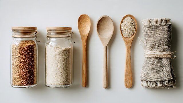Minimalist flat lay of zero waste kitchen essentials featuring glass jars with grains, a wooden spoon, and reusable cloth for an eco-friendly food storage concept. - Powered by Adobe