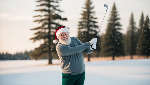 Santa wearing casual clothes and red xmas hat enjoys winter day of golf on snowy course surrounded by tall fir trees - Powered by Adobe