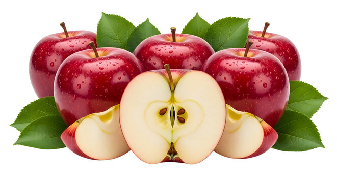 Fresh red apples with water droplets and green leaves on transparent background