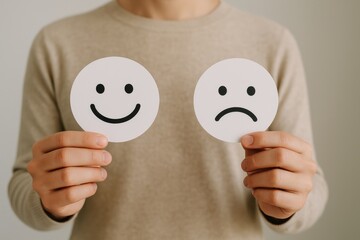 Person holding smiley and sad face cards, representing emotional expression and mental health awareness. Concept of feelings, communication, and emotional intelligence.