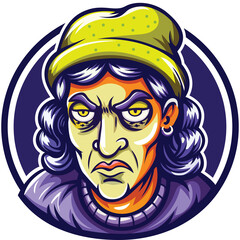 Grumpy Old Woman With Yellow Eyes Wearing A Green Beanie And Purple Shirt In A Blue Circle Portrait With Pixelated Details And Sharp Shadows
