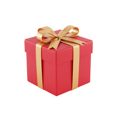 Elegantly wrapped coral-colored present with a lustrous golden ribbon on a clean isolated background