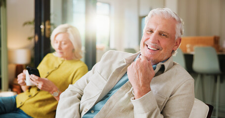 Obraz premium Portrait, smile and weekend with old man on sofa in living room of home with wife for retirement. Break, relax and wellness with happy senior person with partner in apartment together for chilling