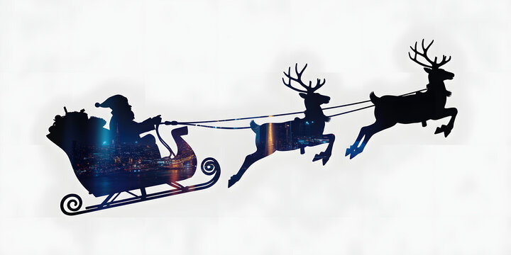 santa sleigh and reindeer silhouette flying across night sky