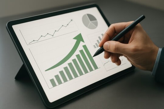 Business analyst reviewing growth charts and data visuals on tablet, emphasizing data-driven decision making and digital analytics in modern business strategy.