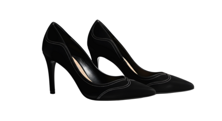 Elegant black high heel shoes with white stitching style on transparent background