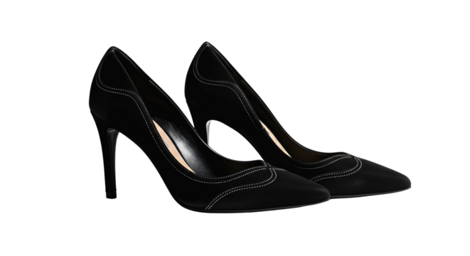 Elegant black high heel shoes with white stitching style on transparent background