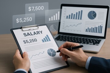 Professional analyzing salary report and financial data on laptop, focusing on statistics for informed decision-making. Concept of compensation analysis and financial planning.