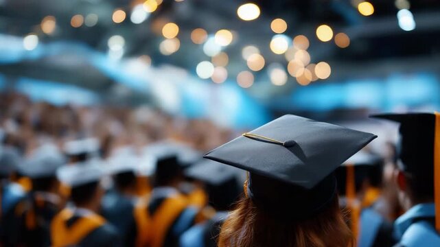 Graduation ceremony with diverse young adults wearing caps in auditorium