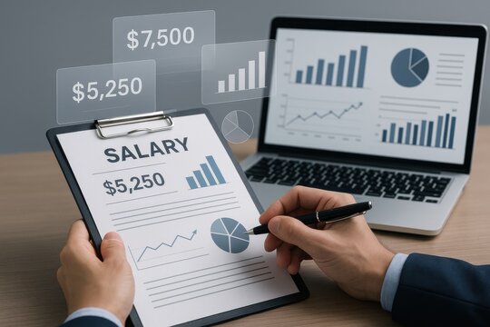 Professional analyzing salary report and financial data on laptop, focusing on statistics for informed decision-making. Concept of compensation analysis and financial planning.