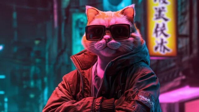 A neon-lit alley cat wearing sunglasses and a leather jacket, arms crossed in a defiant stance today
