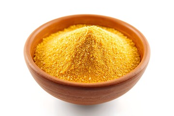 Close up of a wooden bowl filled with bright yellow cornmeal