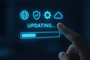 Obraz premium Finger tapping virtual interface showing updating progress alongside digital icons for cloud, security, and connectivity. Concept of technology, data management, and innovation.