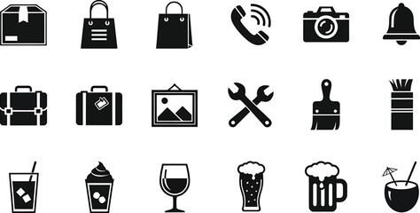 Collection of various icons representing everyday objects and tools