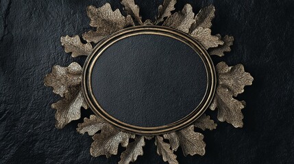 Ornate golden frame, oval with leafy details, on a dark textured background, centered view, copy space