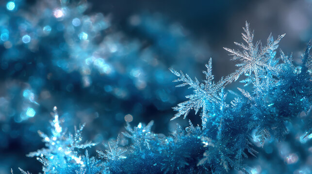 large, detailed ice crystals and snowflakes sparkling in brilliant icy blue and silver colors. The image features a shallow depth of field and beautiful bokeh lights, ideal for winter design.