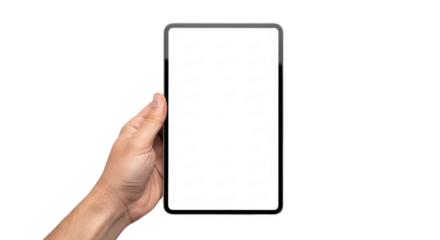 A human hand holding a modern tablet device with a blank white screen isolated on a transparent background