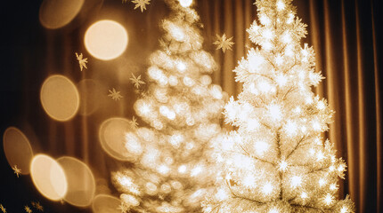 Bright golden Christmas trees illuminated by warm lights — cozy festive background with sparkling stars