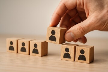 Hand placing a wooden block with a person icon among similar blocks, symbolizing teamwork, collaboration, and strategic decision-making in organizational context.
