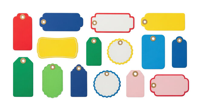 Assortment of colorful paper gift tags with eyelets in various shapes isolated on a transparent background