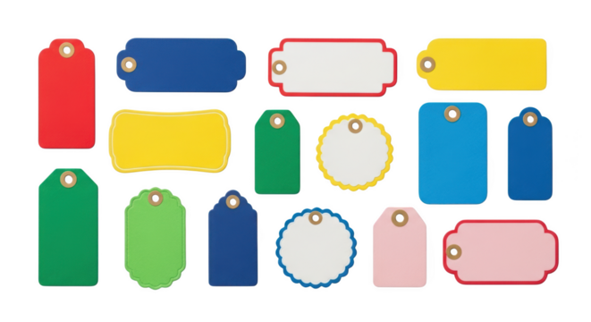 Assortment of colorful paper gift tags with eyelets in various shapes isolated on a transparent background