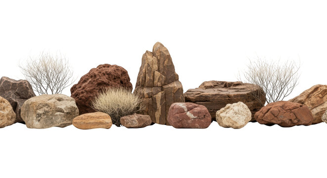 Assortment of desert rocks and dry tumbleweed bushes in a row isolated on a transparent background stone - Powered by Adobe