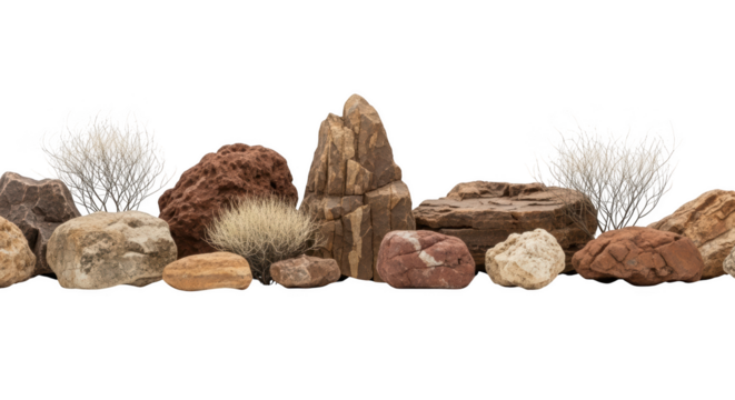 Assortment of desert rocks and dry tumbleweed bushes in a row isolated on a transparent background stone