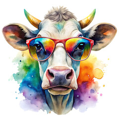 Cool cow with sunglasses and colorful watercolor splash art design