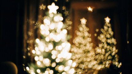 Golden Christmas tree lights with star bokeh — festive warm glow and magical holiday atmosphere