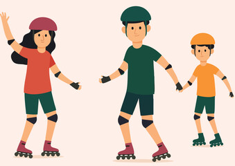 Family Roller Skating Flat Vector Illustration
