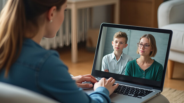 Woman in blue shirt having video call with mother and son on laptop screen, indoors. The image represents online communication and remote meetings