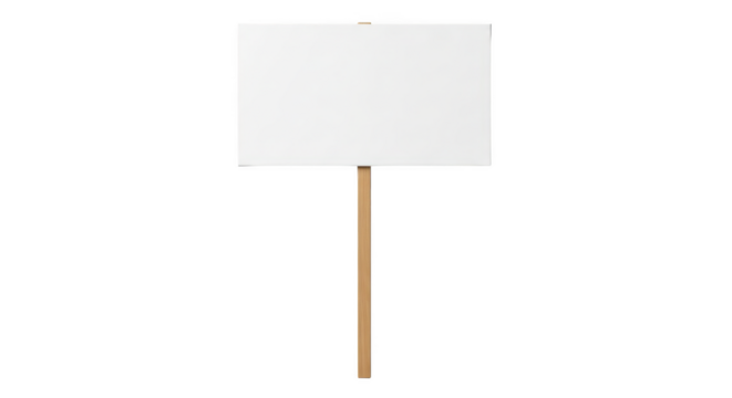 Blank white rectangular sign on a wooden stick isolated on a transparent background image