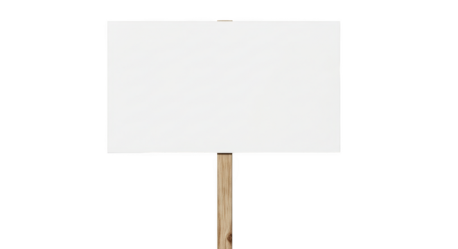 Blank white rectangular sign attached to a wooden pole isolated on a transparent background board