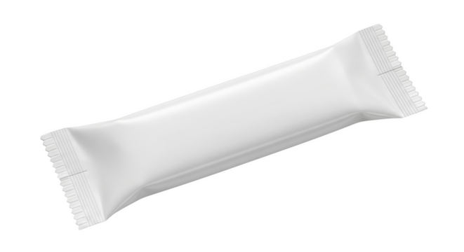Blank white rectangular snack bar wrapper with serrated edges and a subtle crease isolated on a transparent background