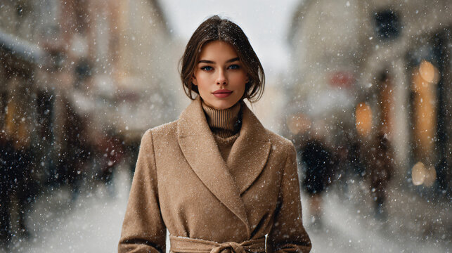 Elegant woman with striking blue eyes confidently walks through a snowy city street, exuding modern style and winter allure.