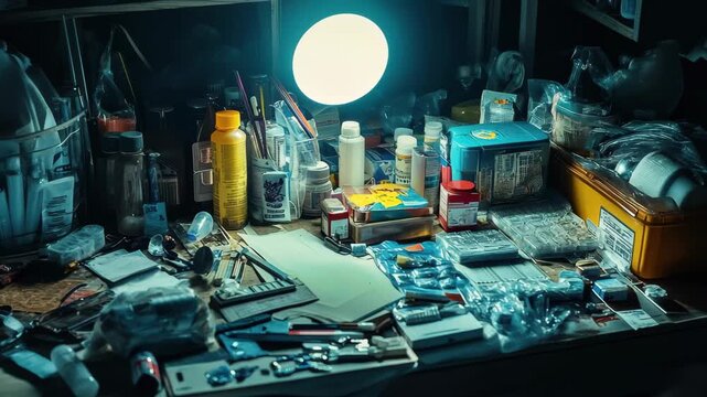 A cluttered workspace features an array of tools, supplies, and materials under a bright lamp, creating a warm glow in a dimly lit room, encouraging creativity and productivity.