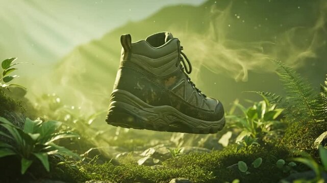 Hiking boot in wild nature with natural sunlight and mountain atmosphere
