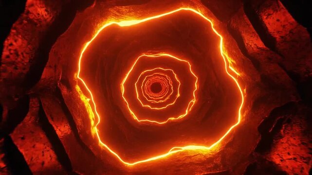 A vibrant, glowing orange-red abstract tunnel with concentric rings, resembling a fiery wormhole or portal, creating a sense of immense depth.
