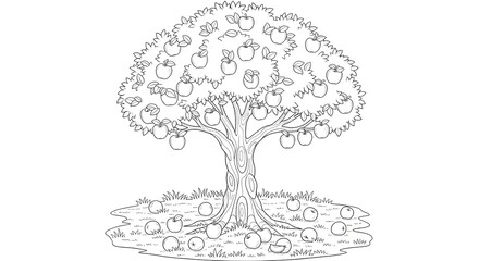 Outline of an apple tree laden with fruit and fallen apples