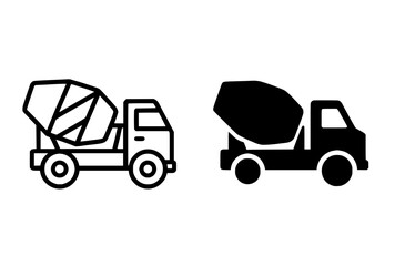 Minimalist icon, mixer truck vector, black and white, outline and silhouette