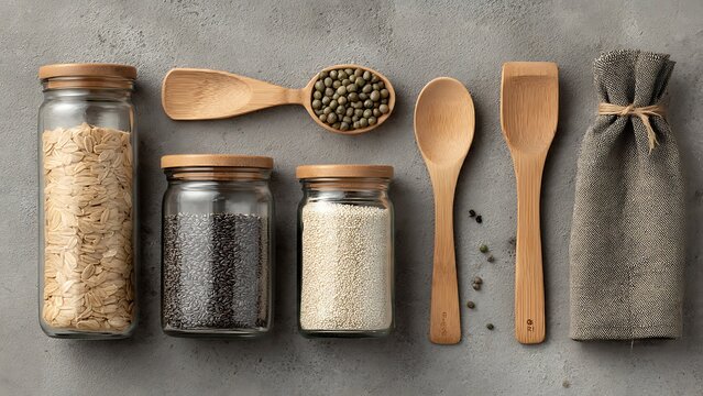 Minimalist flat lay of zero waste kitchen essentials featuring glass jars with grains, a wooden spoon, and reusable cloth for an eco-friendly food storage concept.